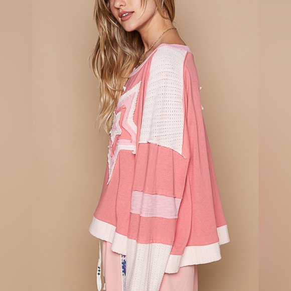 POL star sweater patchwork boho floral patchwork long sleeve pink cream - Picture 3 of 5